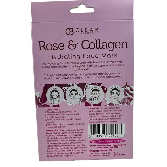 Clear‎ Beauty Rose & Collagen Hydrating Face Mask Toning & Wrinkle Reducing  NEW - Picture 5 of 6